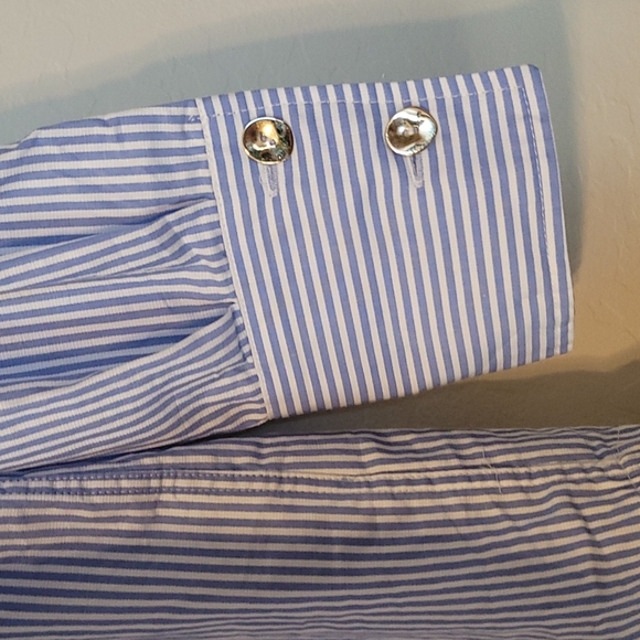 Zara Blue White Stripe Top 3/4 Sleeve With Gold Oversized Button Down Size XS - Picture 11 of 17